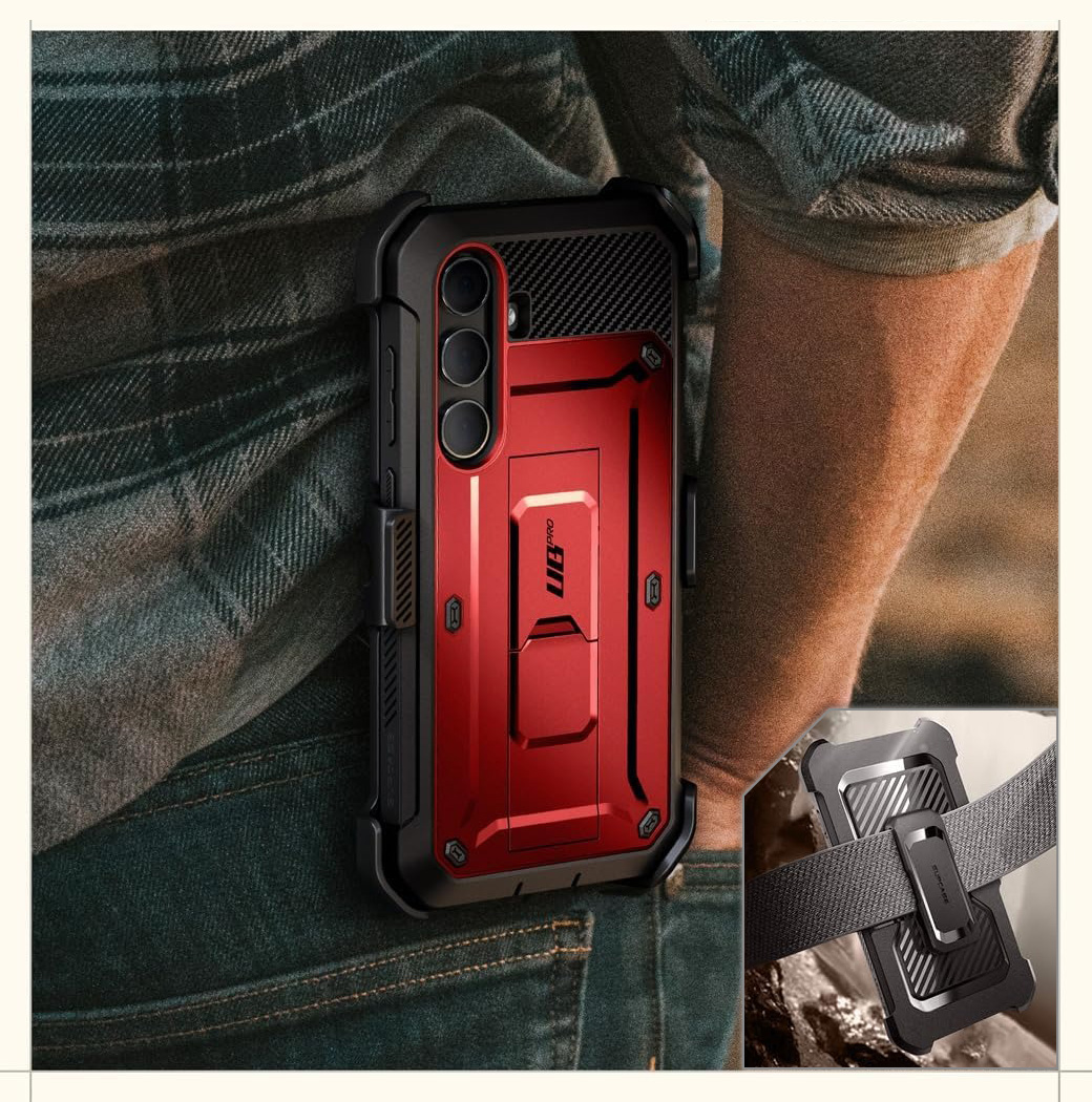 Etui pancerne z osłoną na ekran, z wbudowaną podstawką i kaburą z klipsem obrotowym Supcase Unicorn Beetle Pro do Galaxy S24, czerwone